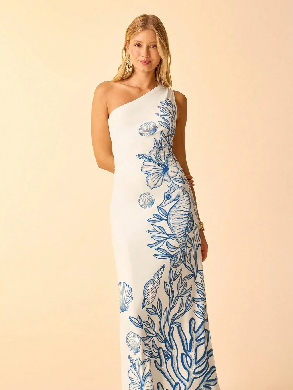 Vestido Midi Feminino Estampa Tropical Azul Decote Assimétrico Laço Cintura Casual Praia Verão
