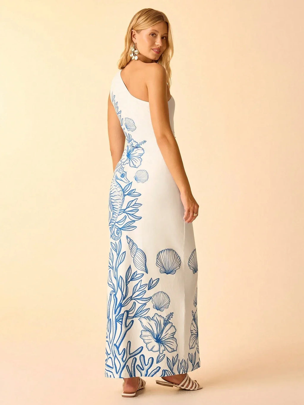 Vestido Midi Feminino Estampa Tropical Azul Decote Assimétrico Laço Cintura Casual Praia Verão