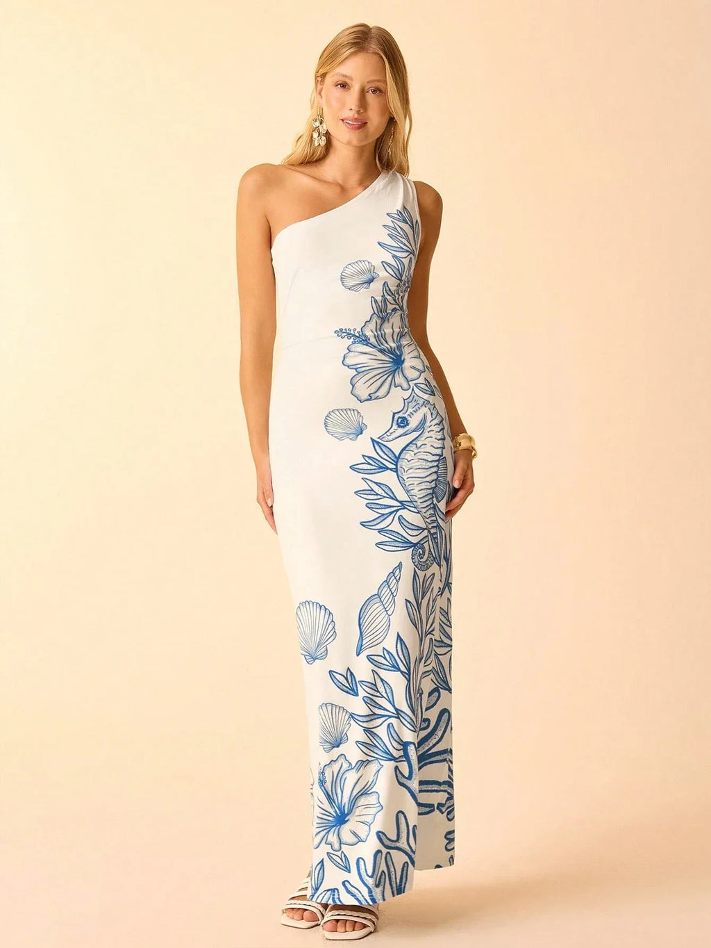 Vestido Midi Feminino Estampa Tropical Azul Decote Assimétrico Laço Cintura Casual Praia Verão