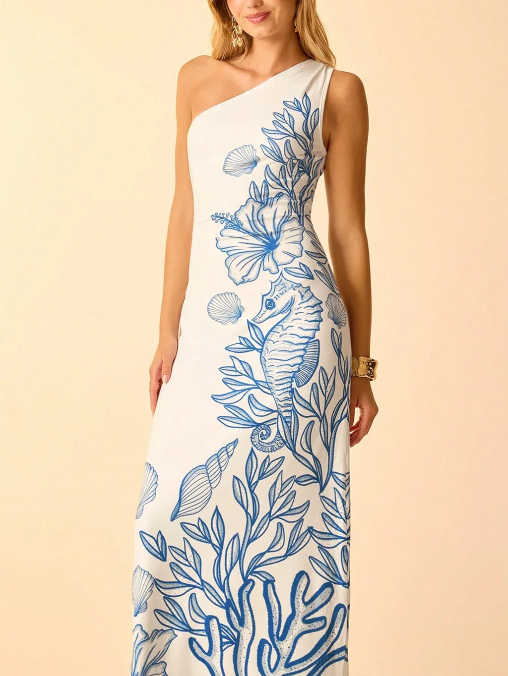 Vestido Midi Feminino Estampa Tropical Azul Decote Assimétrico Laço Cintura Casual Praia Verão