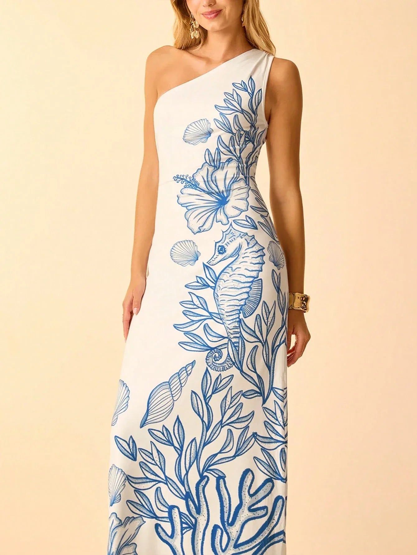Vestido Midi Feminino Estampa Tropical Azul Decote Assimétrico Laço Cintura Casual Praia Verão
