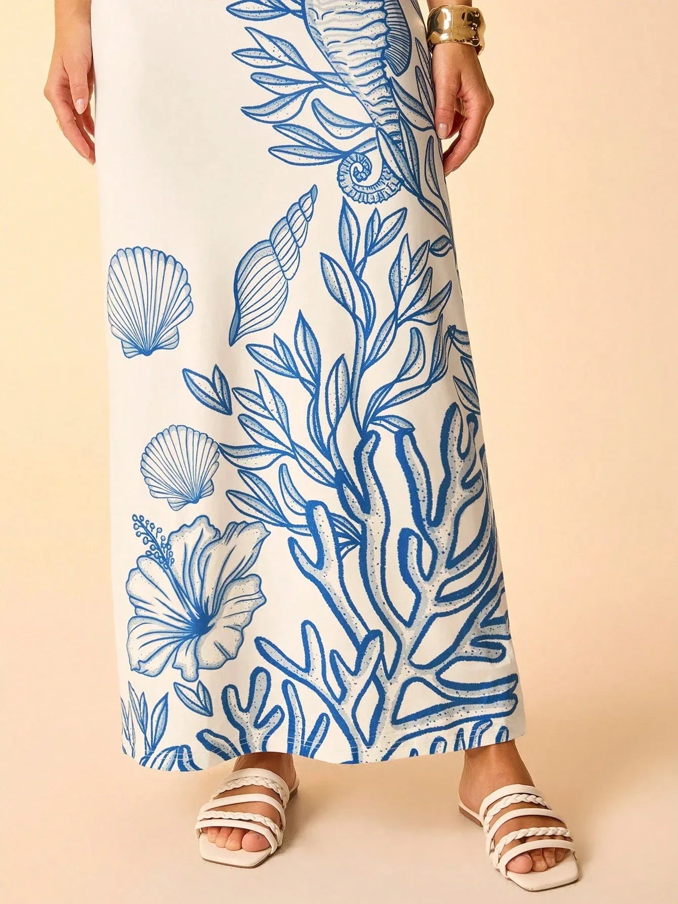Vestido Midi Feminino Estampa Tropical Azul Decote Assimétrico Laço Cintura Casual Praia Verão