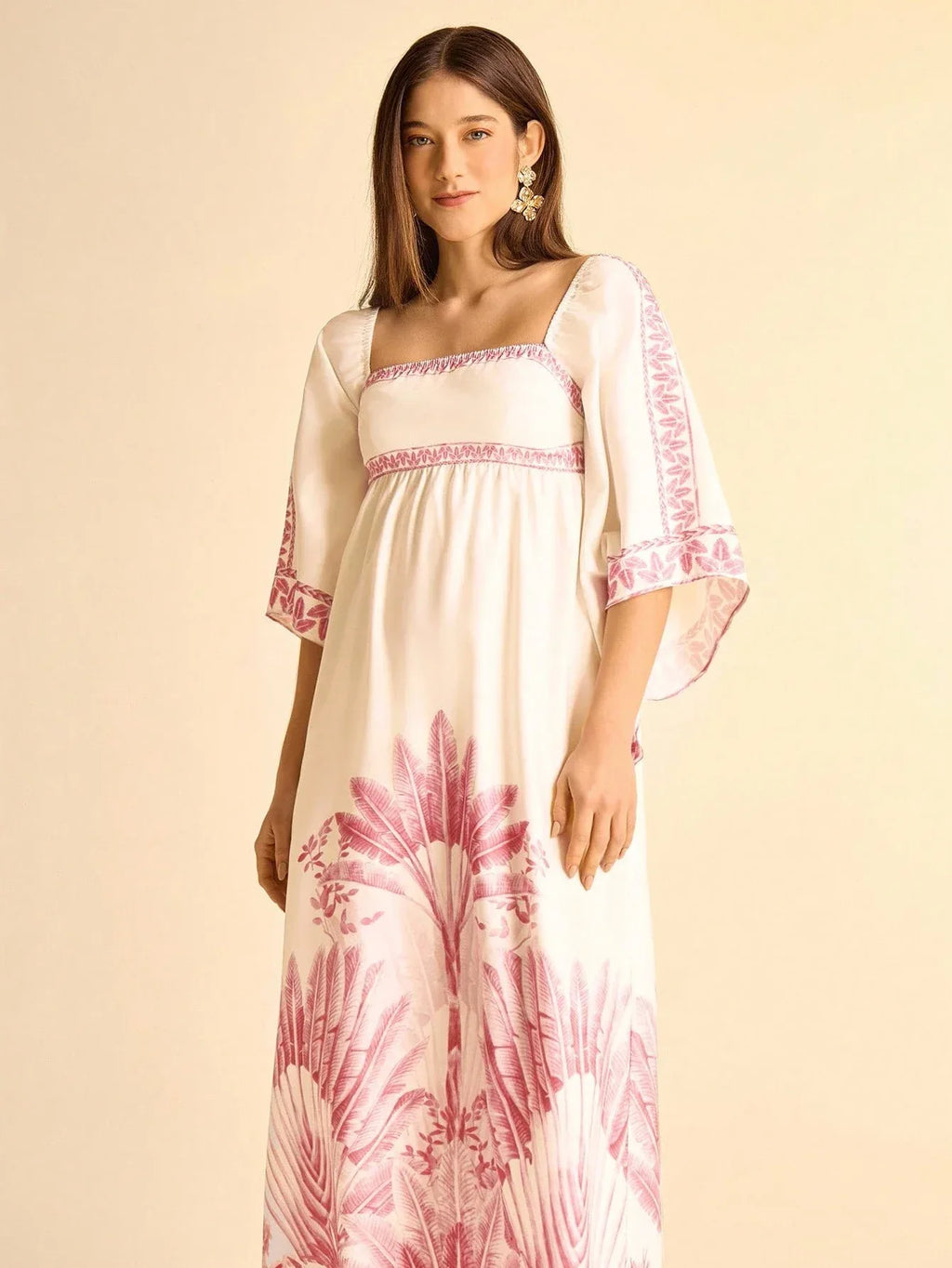 Vestido Longo Feminino Estampado Tropical Manga Casual Boho Rosa