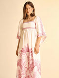 Vestido Longo Feminino Estampado Tropical Manga Casual Boho Rosa