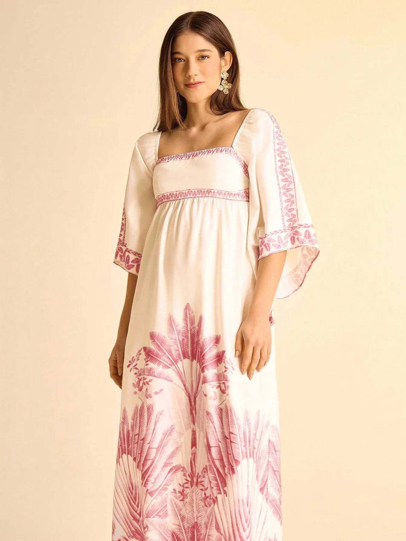 Vestido Longo Feminino Estampado Tropical Manga Casual Boho Rosa