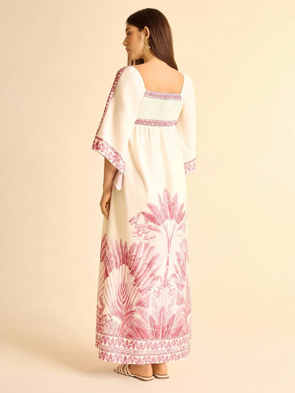 Vestido Longo Feminino Estampado Tropical Manga Casual Boho Rosa