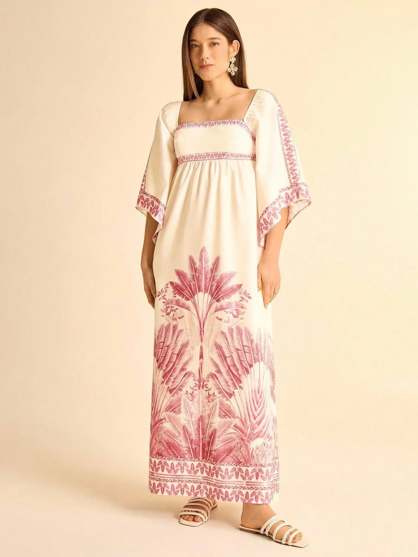 Vestido Longo Feminino Estampado Tropical Manga Casual Boho Rosa