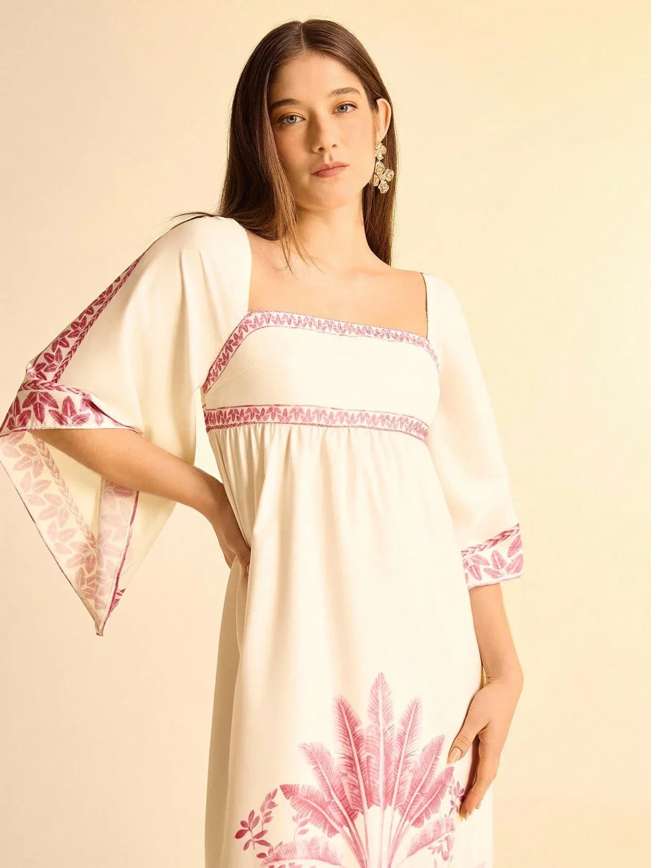 Vestido Longo Feminino Estampado Tropical Manga Casual Boho Rosa