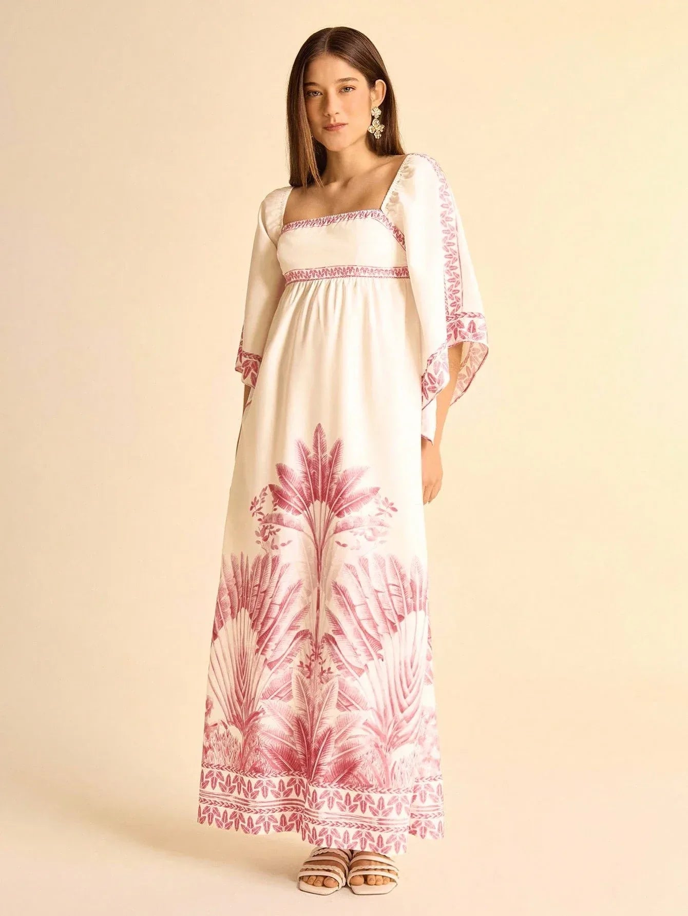 Vestido Longo Feminino Estampado Tropical Manga Casual Boho Rosa