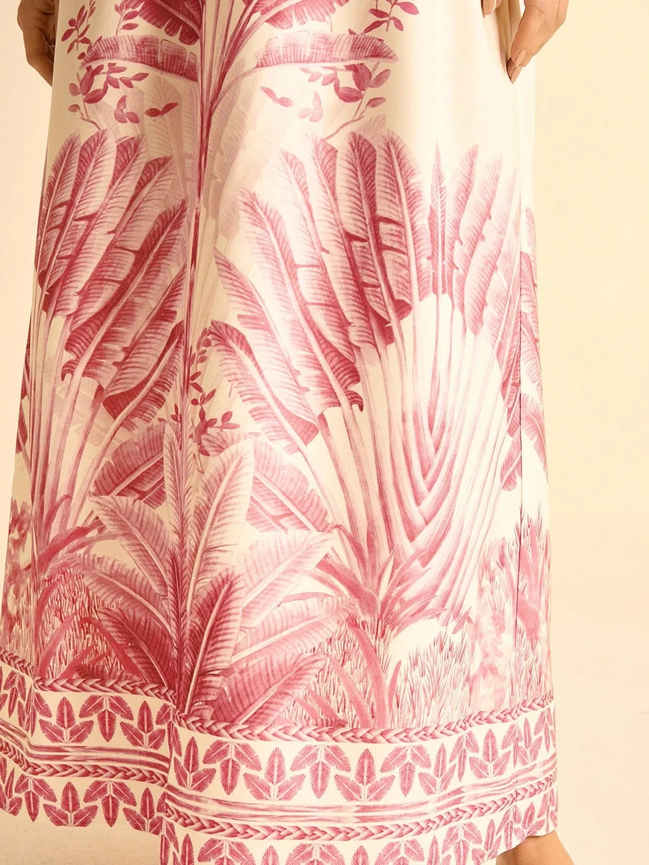 Vestido Longo Feminino Estampado Tropical Manga Casual Boho Rosa
