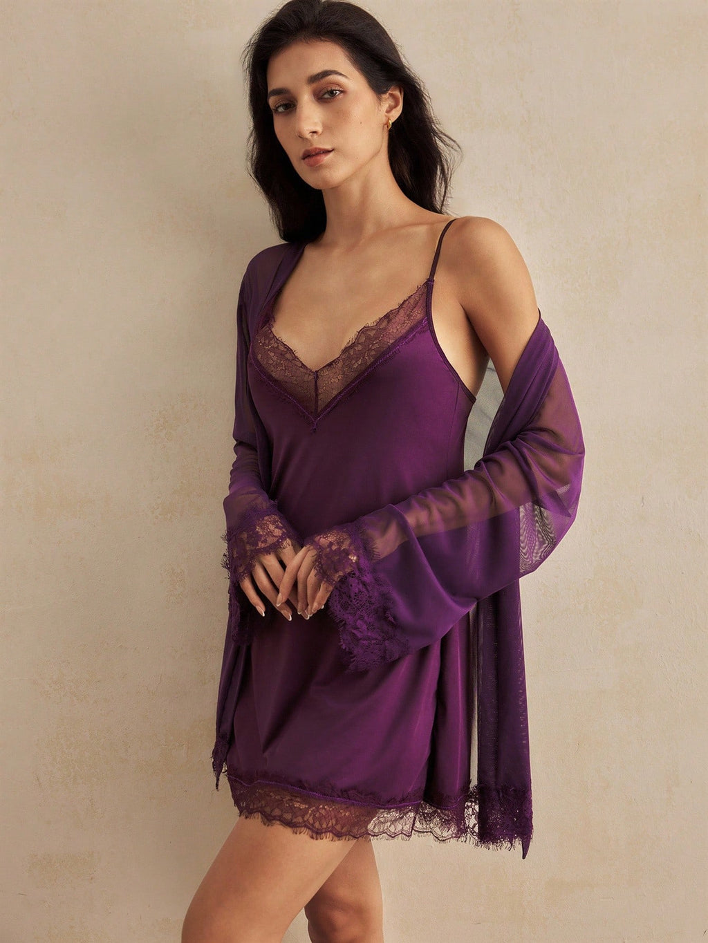 Conjunto Íntimo Feminino Camisola Robe Renda Lingerie  Baby Doll