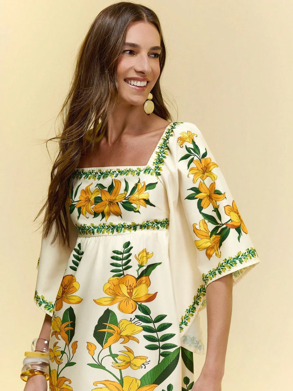 Marca Vestido Feminino Floral Amarelo Manga Sino Boho Casual Verão Decote Quadrado