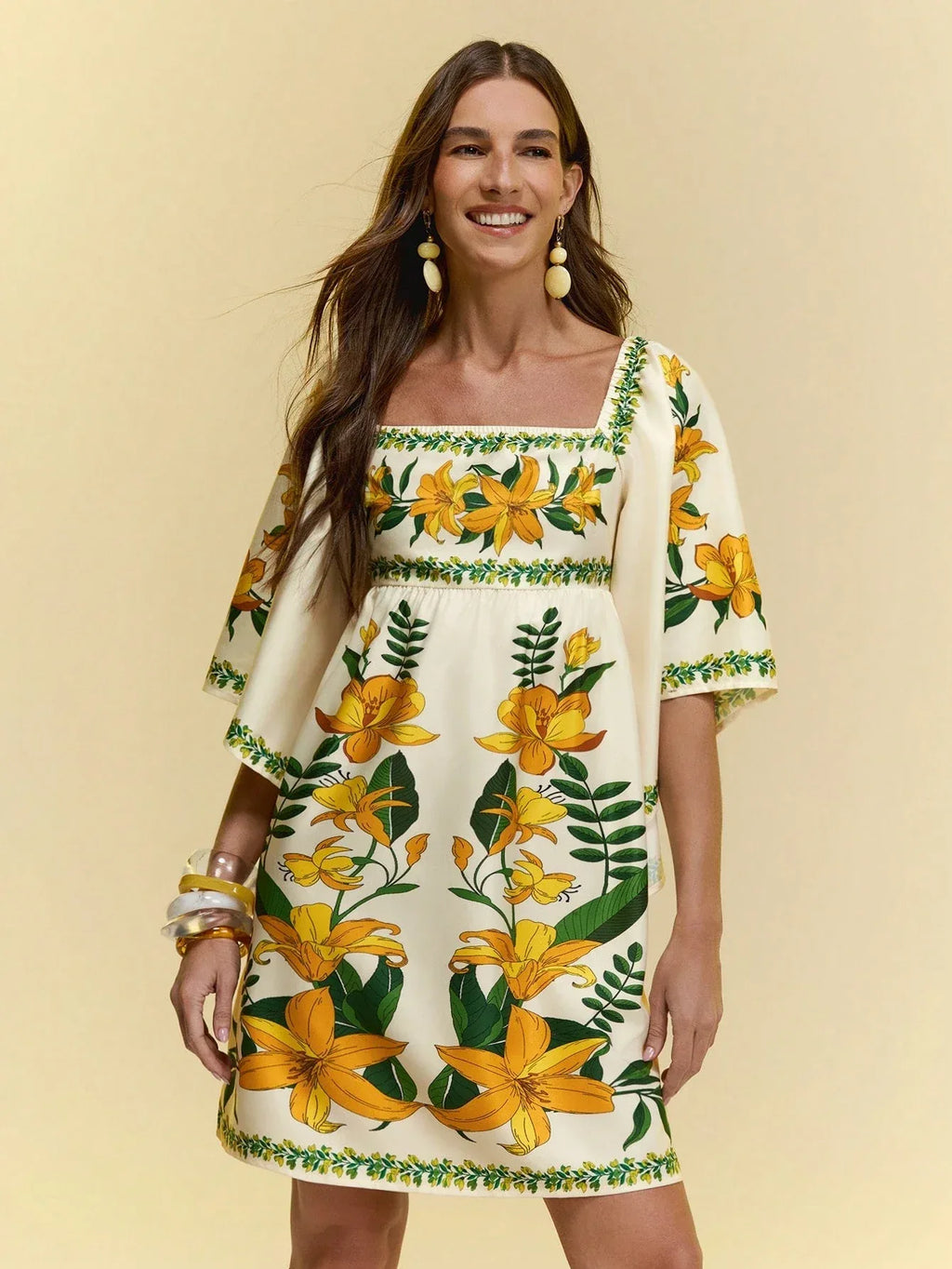 Marca Vestido Feminino Floral Amarelo Manga Sino Boho Casual Verão Decote Quadrado