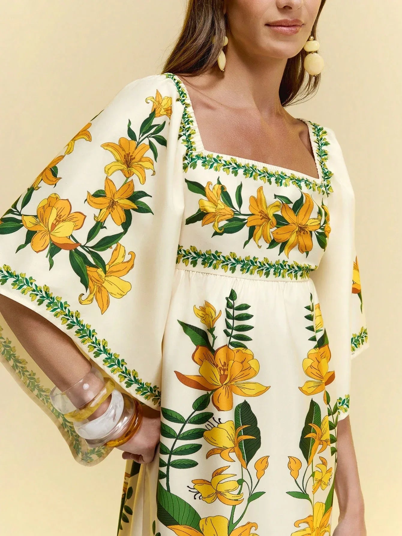 Marca Vestido Feminino Floral Amarelo Manga Sino Boho Casual Verão Decote Quadrado