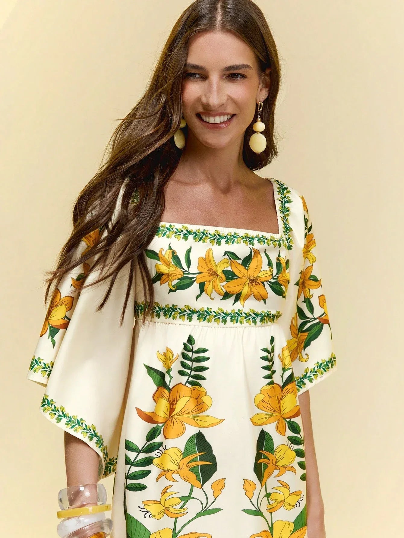 Marca Vestido Feminino Floral Amarelo Manga Sino Boho Casual Verão Decote Quadrado