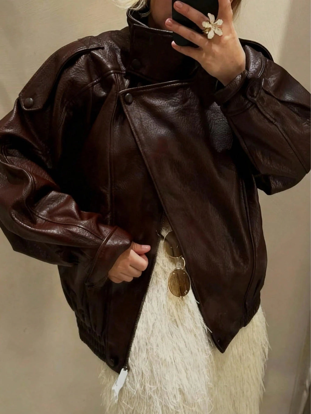Jaqueta Feminina Couro  Marrom Zíper Gola Alta Casual Elegante Primavera