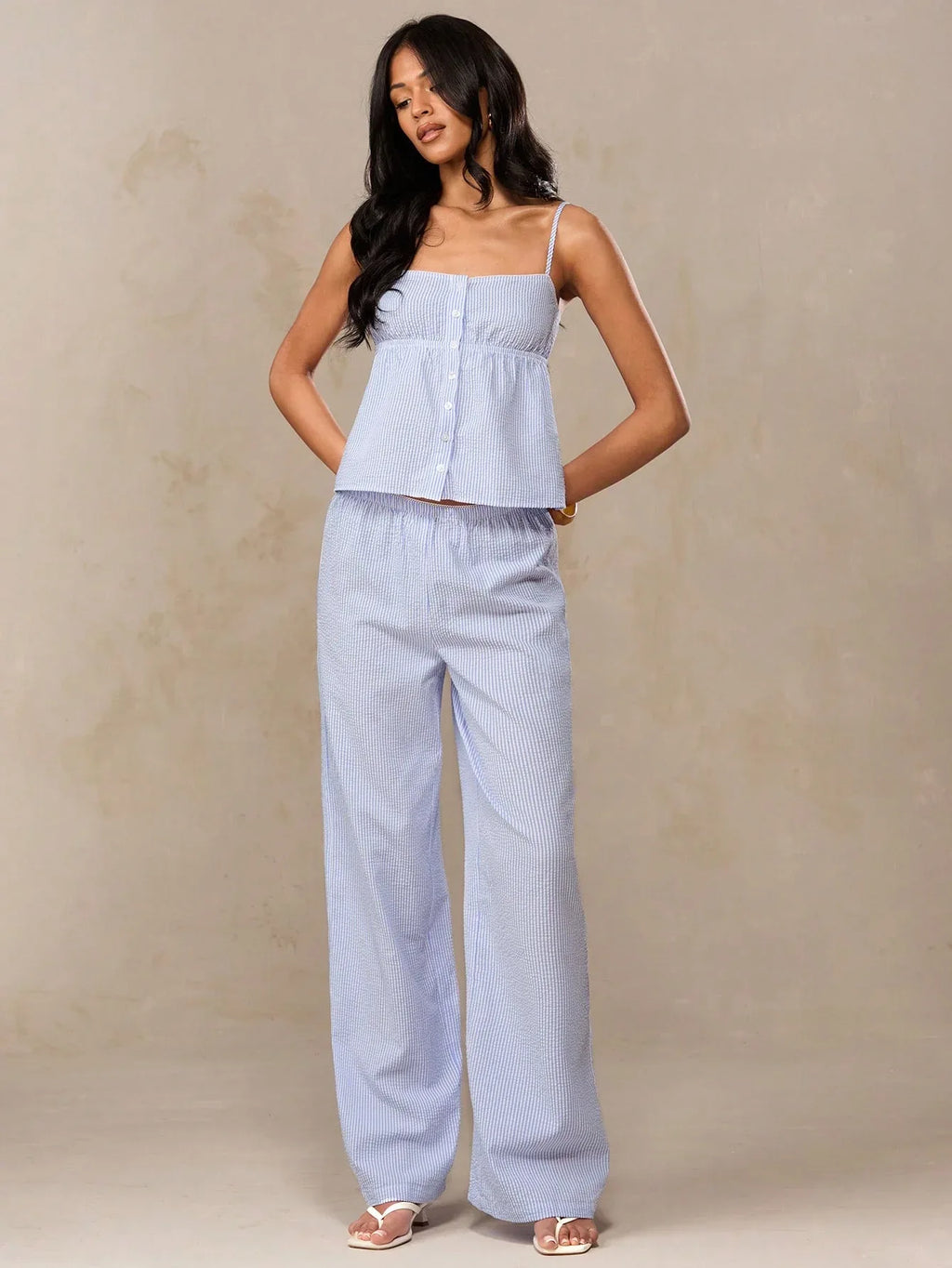 Conjunto Feminino Listrado Regata + Calça Pantalona Casual Verão Azul Branco