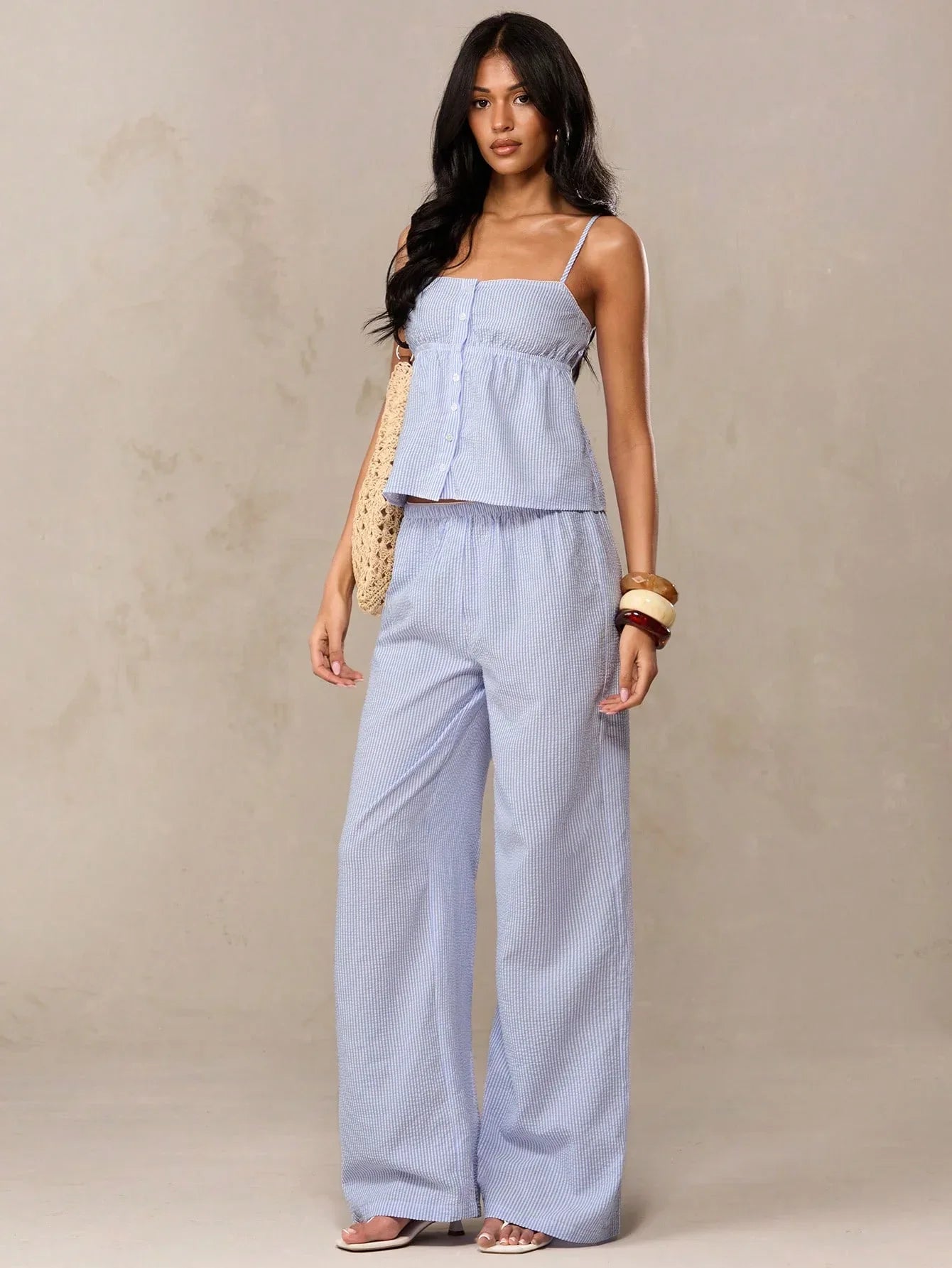 Conjunto Feminino Listrado Regata + Calça Pantalona Casual Verão Azul Branco