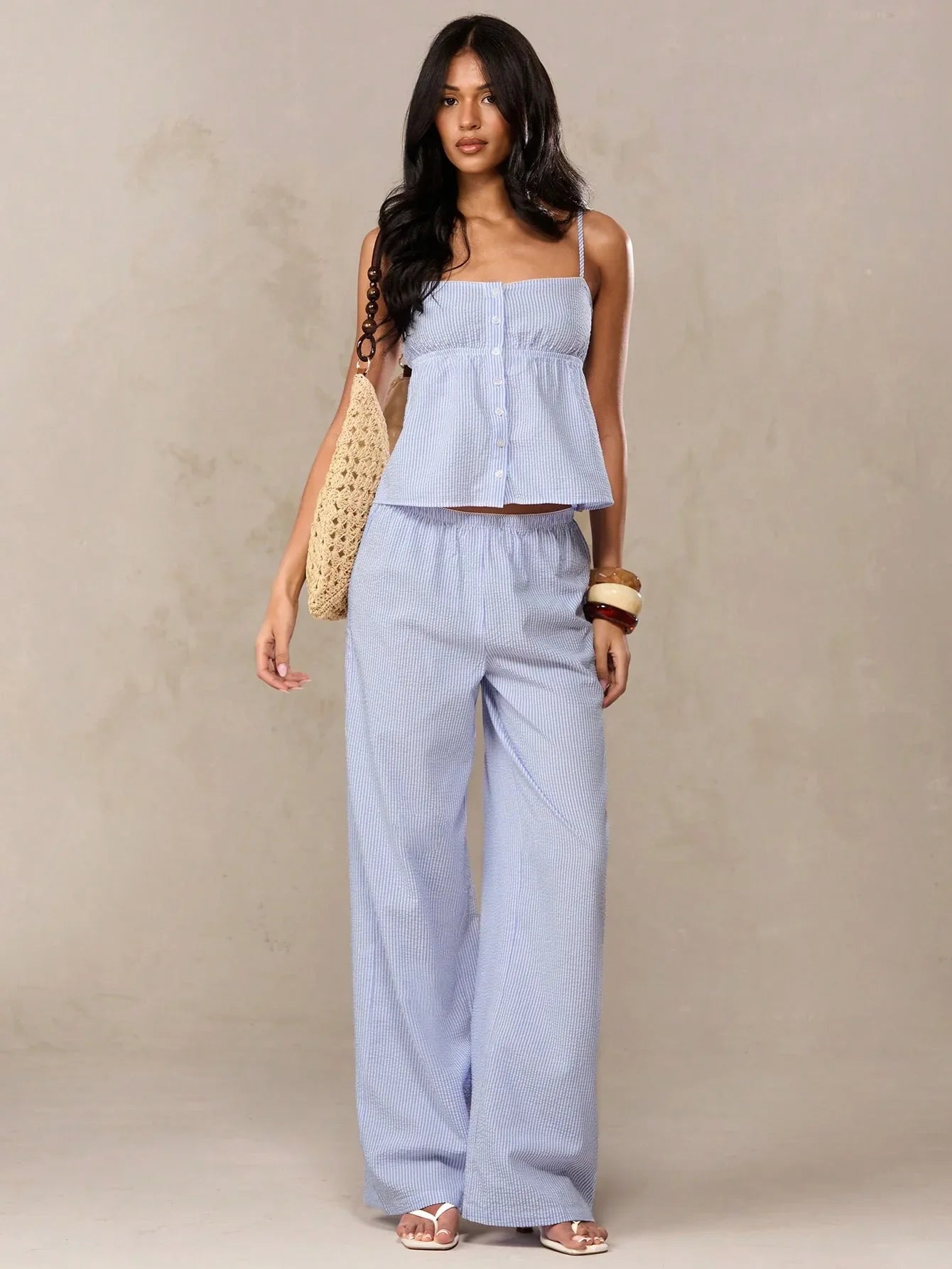 Conjunto Feminino Listrado Regata + Calça Pantalona Casual Verão Azul Branco