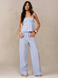 Conjunto Feminino Listrado Regata + Calça Pantalona Casual Verão Azul Branco
