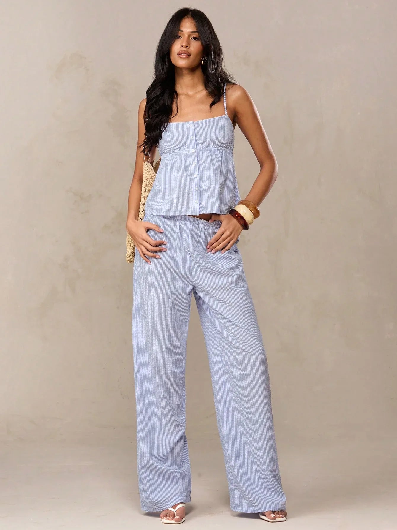 Conjunto Feminino Listrado Regata + Calça Pantalona Casual Verão Azul Branco