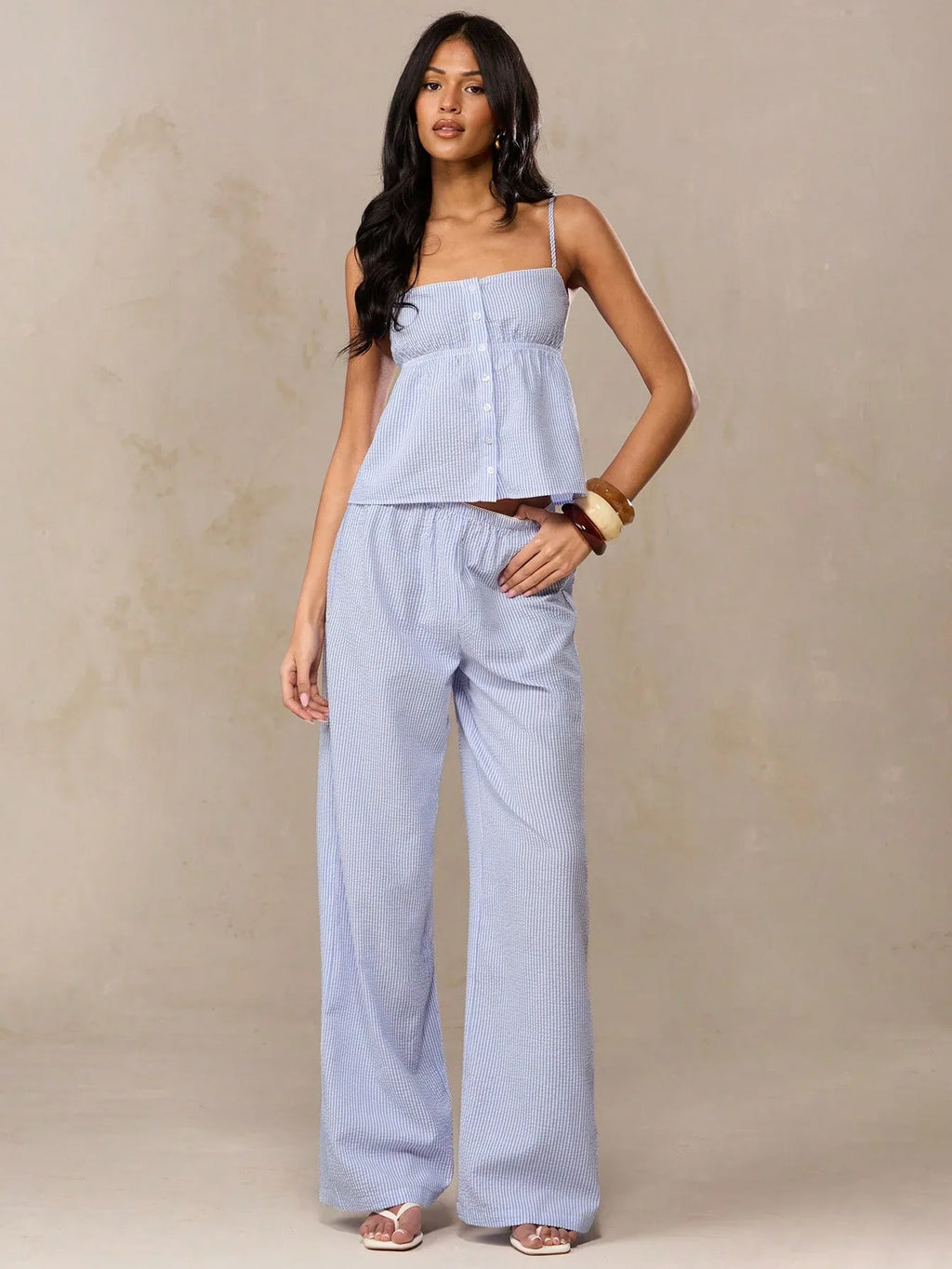 Conjunto Feminino Listrado Regata + Calça Pantalona Casual Verão Azul Branco