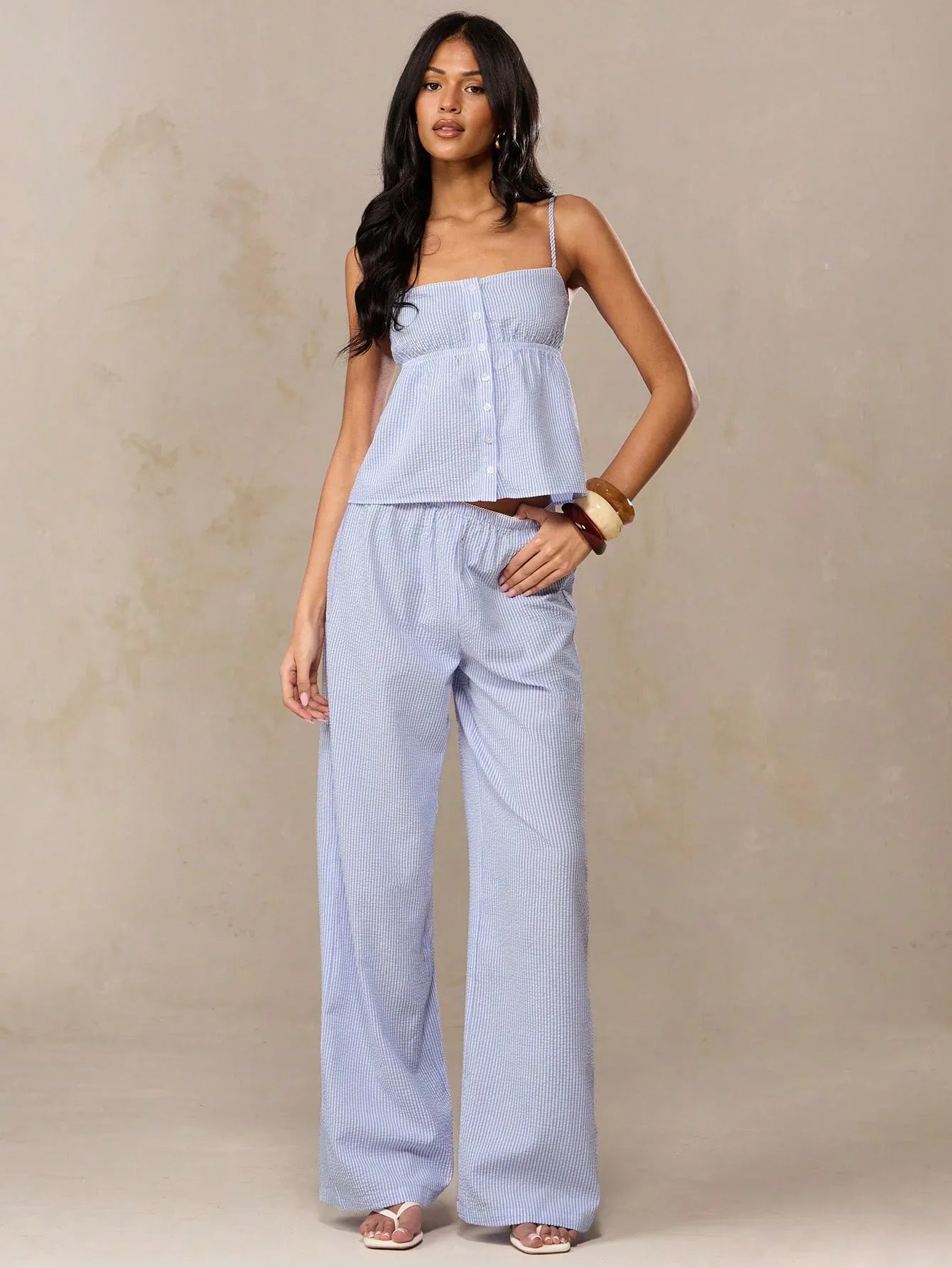 Conjunto Feminino Listrado Regata + Calça Pantalona Casual Verão Azul Branco
