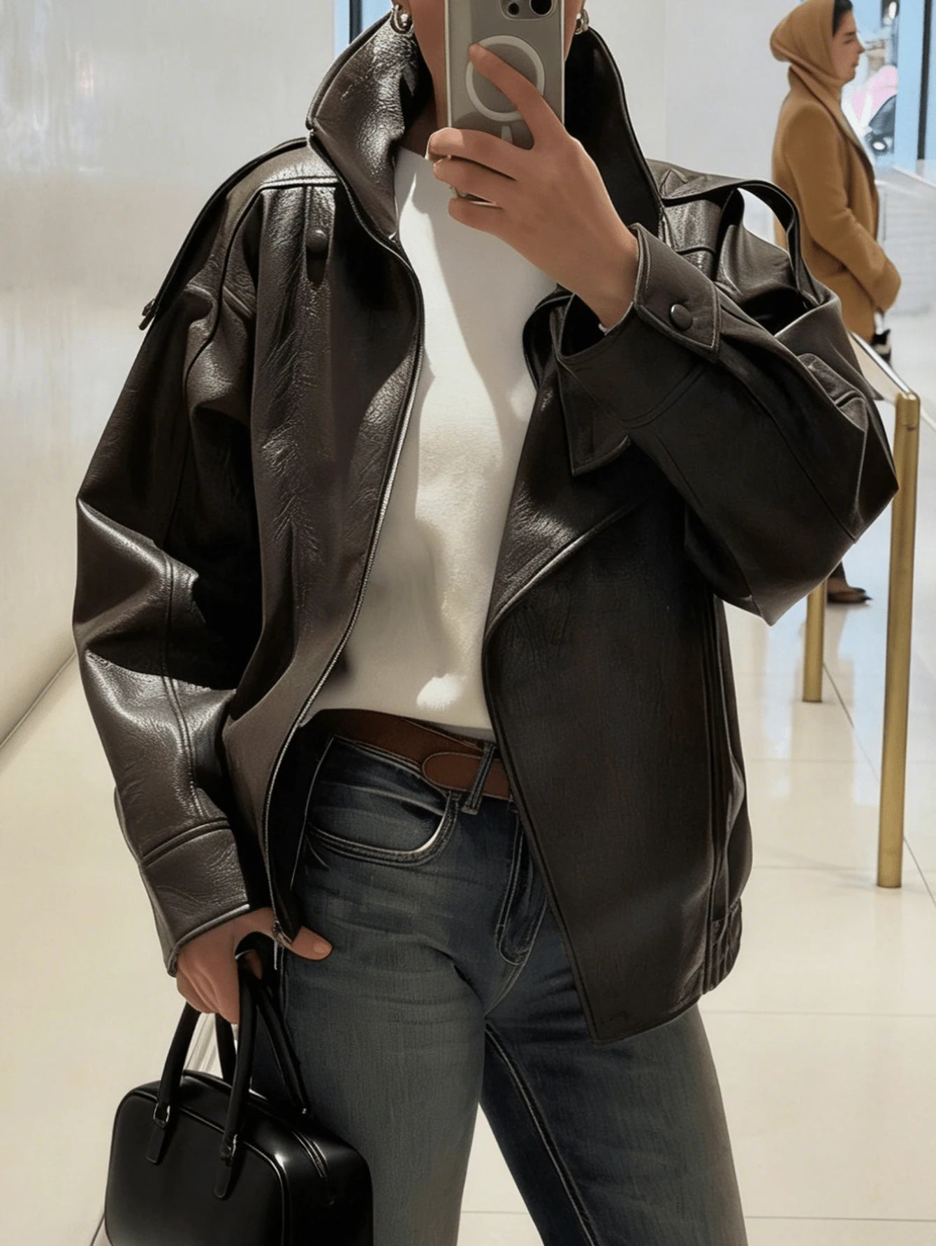 Jaqueta Feminina Couro  Marrom Zíper Gola Alta Casual Elegante Primavera