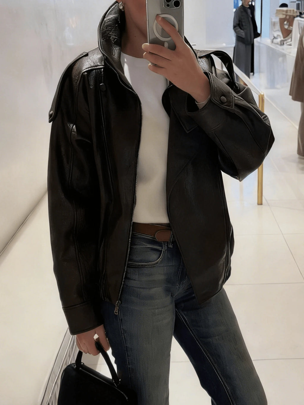 Jaqueta Feminina Couro  Marrom Zíper Gola Alta Casual Elegante Primavera