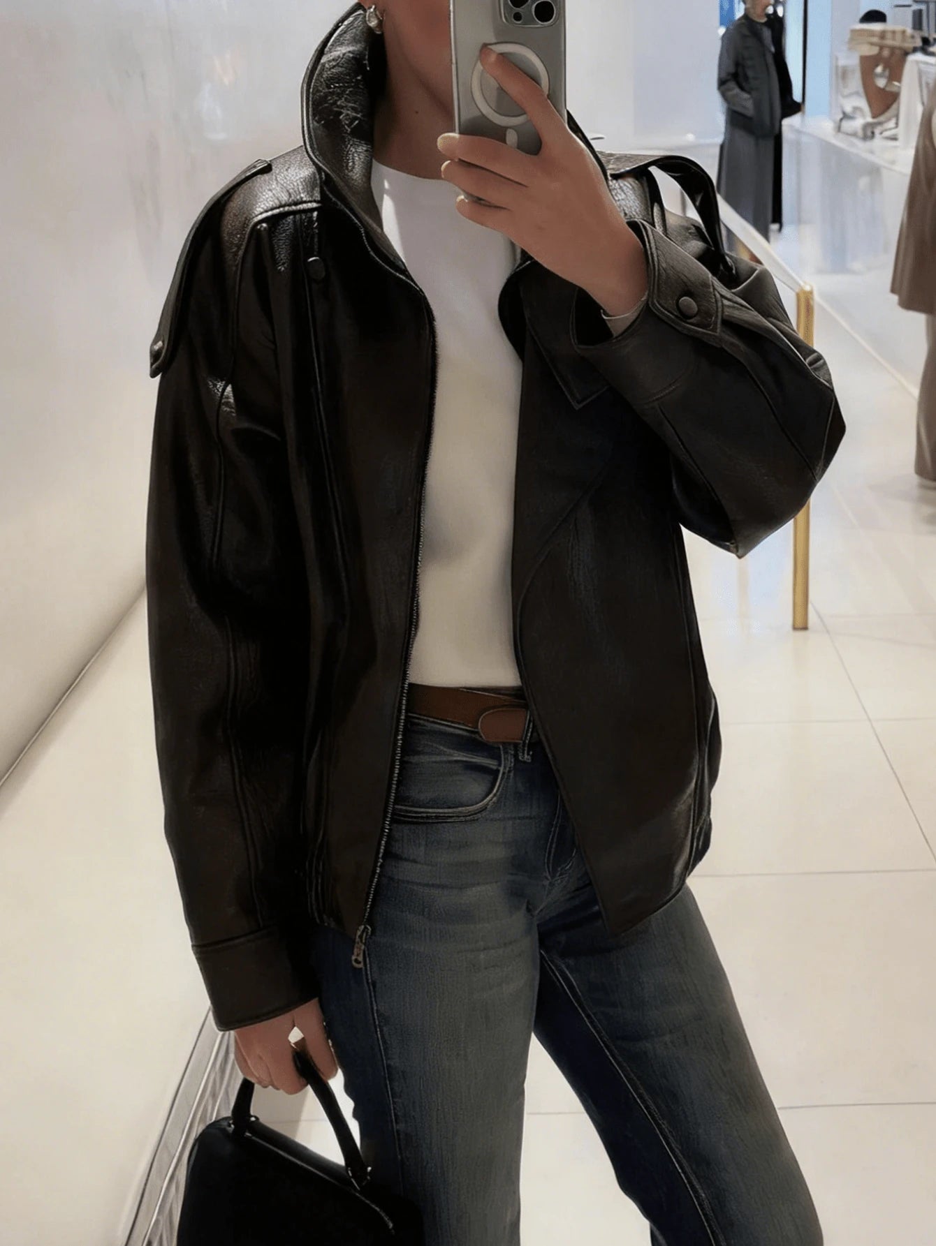 Jaqueta Feminina Couro  Marrom Zíper Gola Alta Casual Elegante Primavera