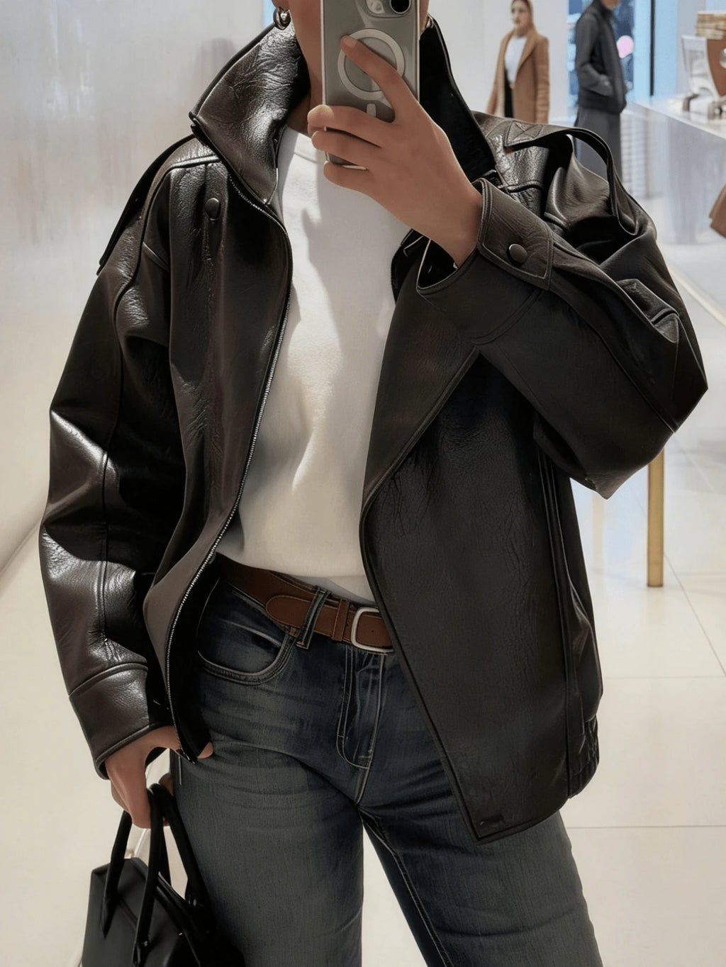 Jaqueta Feminina Couro  Marrom Zíper Gola Alta Casual Elegante Primavera