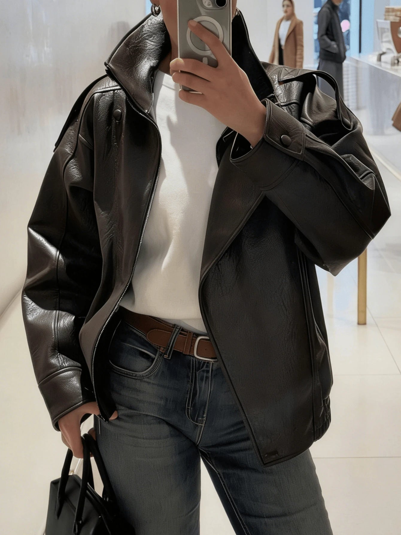 Jaqueta Feminina Couro  Marrom Zíper Gola Alta Casual Elegante Primavera