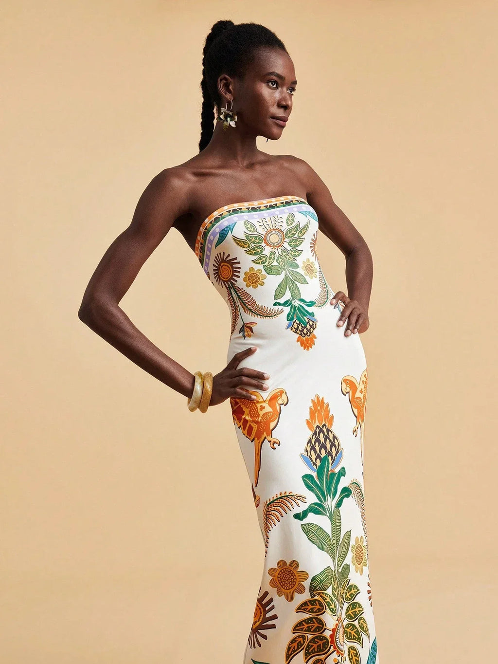 Vestido Feminino Tropical Manga Curta Casual Verão Praia Estampado