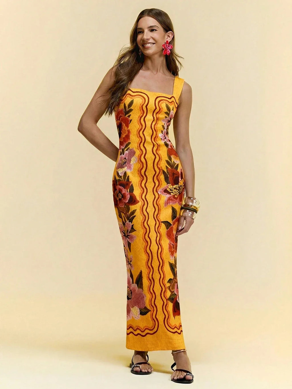 Vestido Feminino Midi Floral Malha Elegante Preto