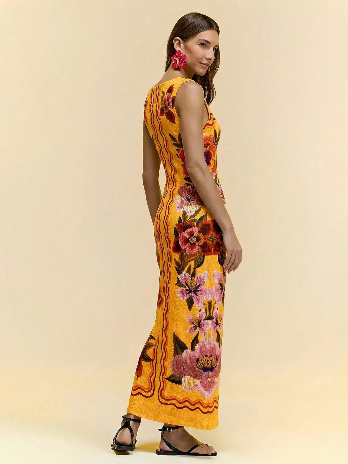 Vestido Feminino Midi Floral Malha Elegante Preto