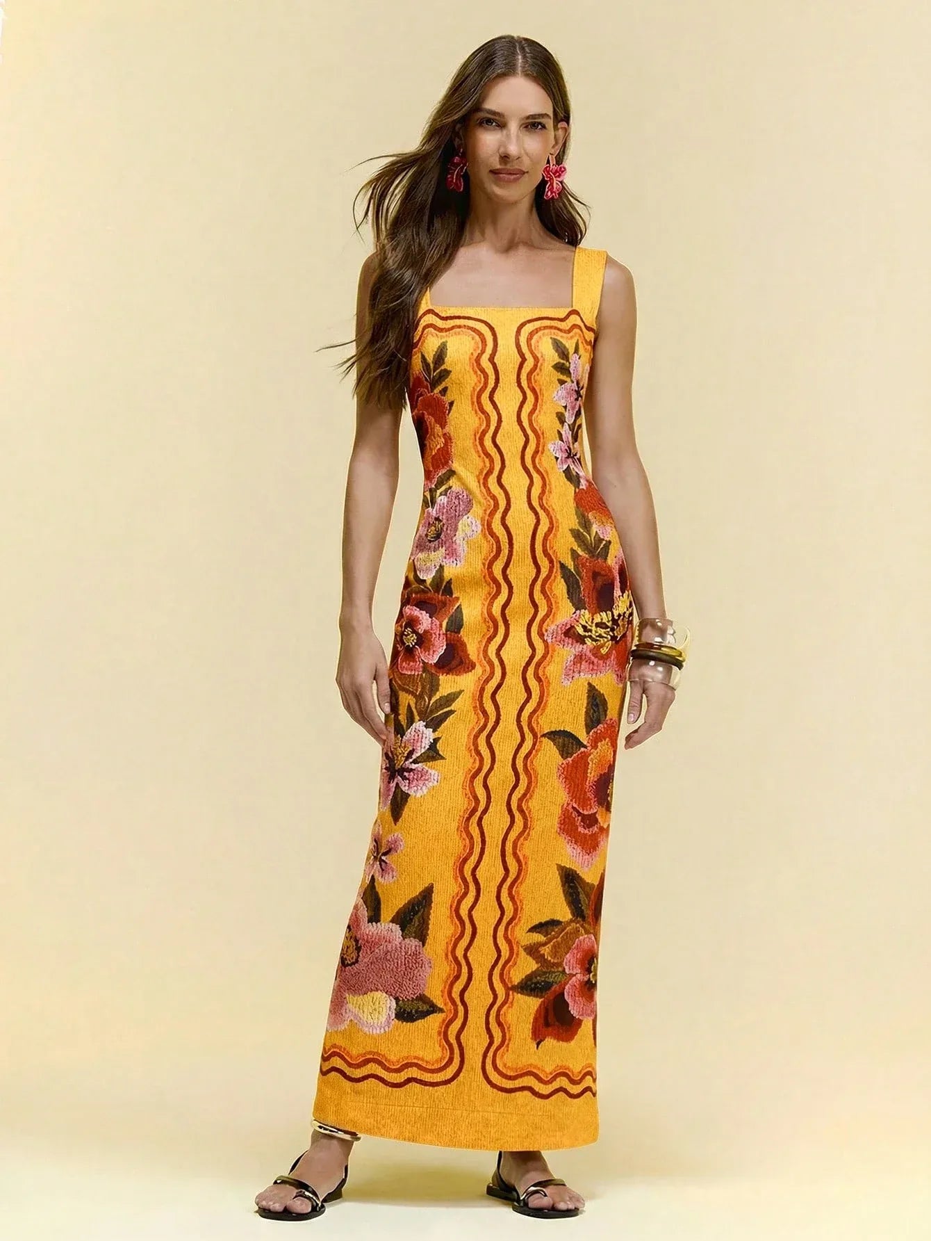 Vestido Feminino Midi Floral Malha Elegante Preto