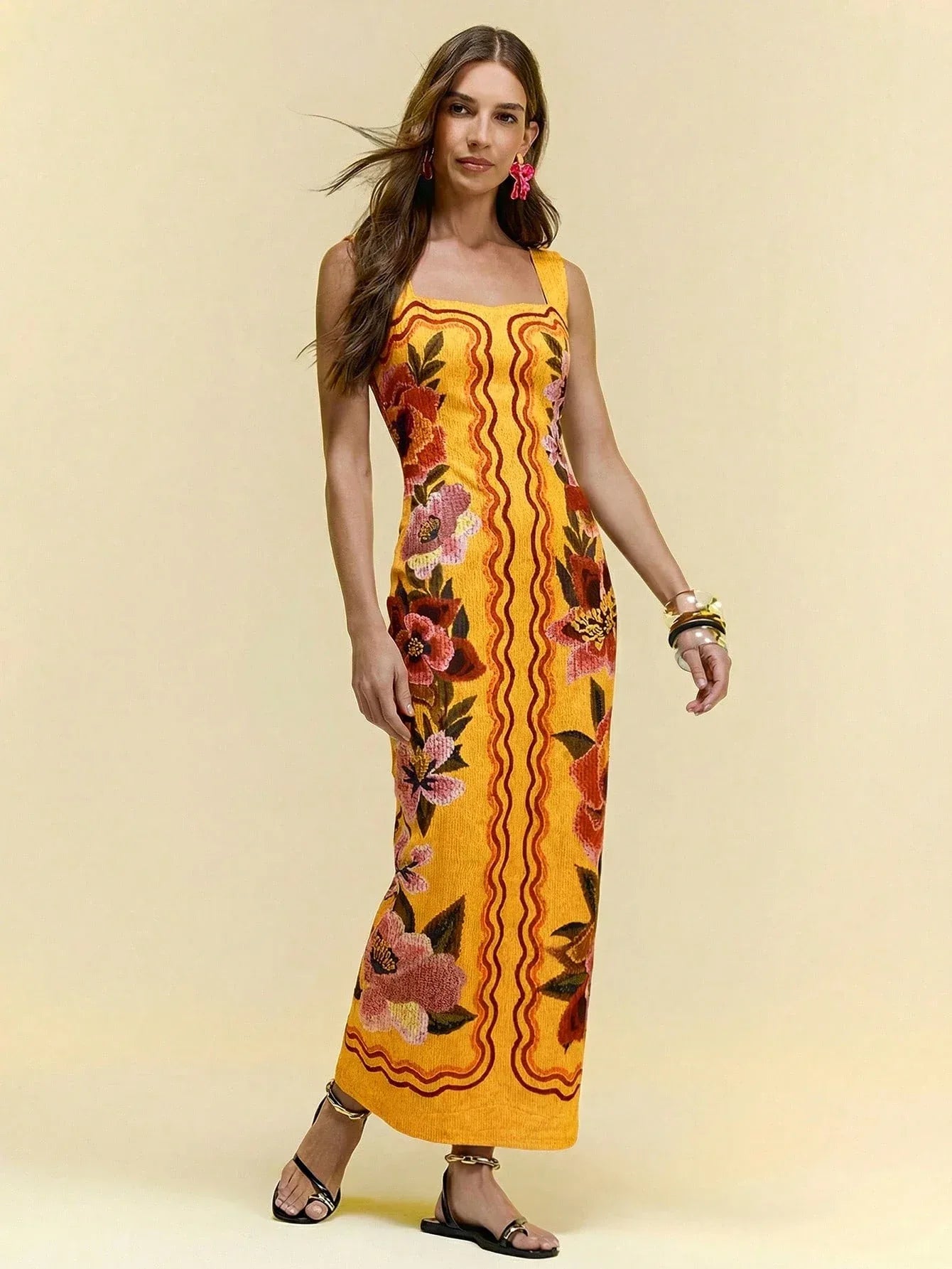 Vestido Feminino Midi Floral Malha Elegante Preto