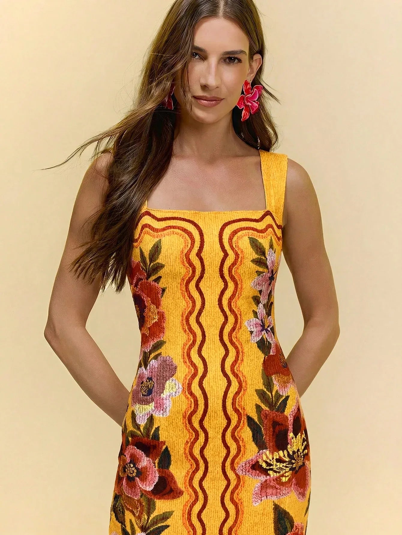 Vestido Feminino Midi Floral Malha Elegante Preto