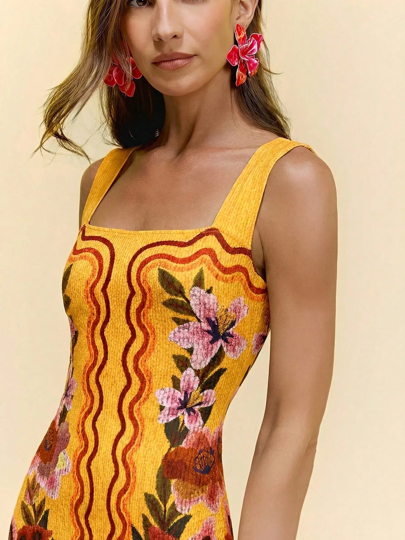 Vestido Feminino Midi Floral Malha Elegante Preto