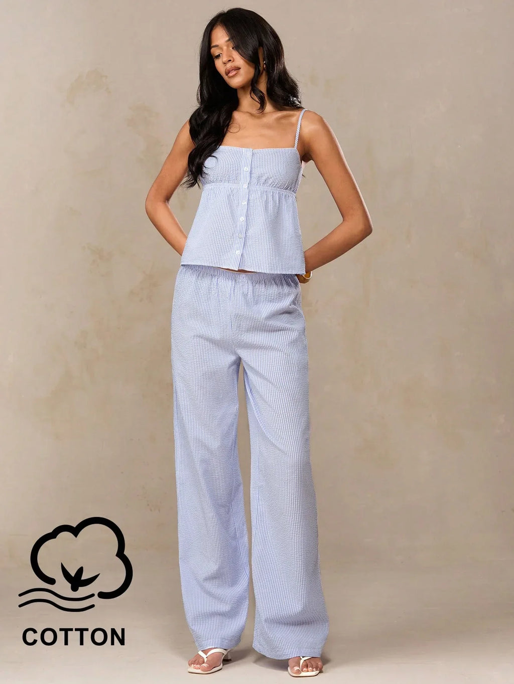 Conjunto Feminino Listrado Regata + Calça Pantalona Casual Verão Azul Branco