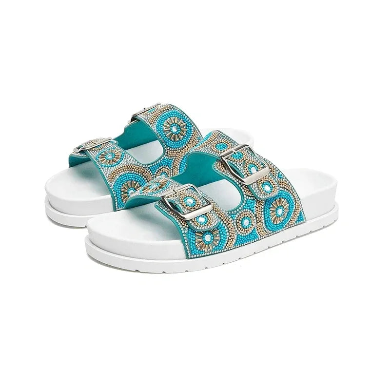 Sandália Feminina Papete Azul Flat Confortável Casual Elegante Leve