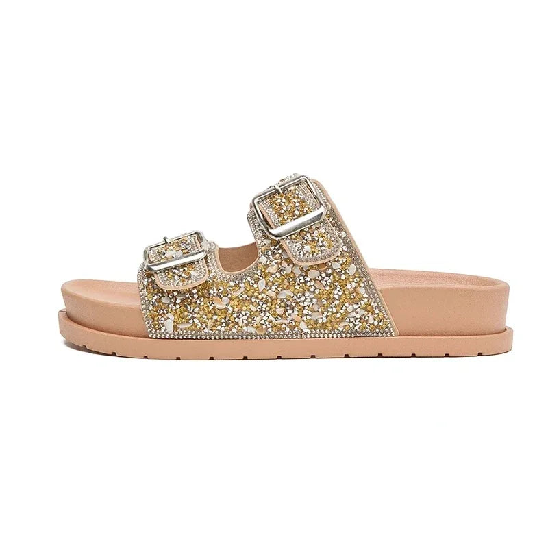 Sandália Rasteirinha Feminina Dourada Strass Fivela Ajustável Papete Flat Elegante