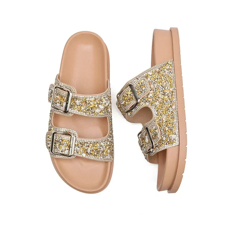 Sandália Rasteirinha Feminina Dourada Strass Fivela Ajustável Papete Flat Elegante